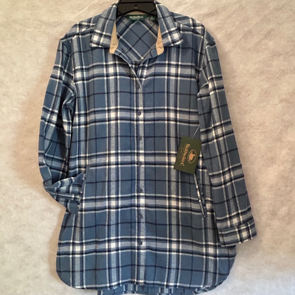 Stillwater Supply Co Womens Blue Plaid Flannel Tunic Shirt Pockets Large NWT